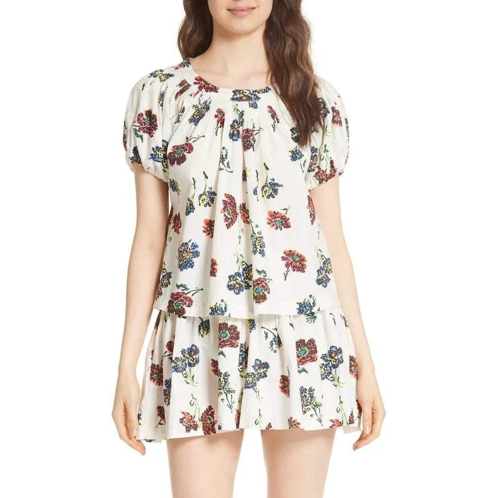 Ulla Johnson Celie Floral Print Short Puff Sleeve Top Blouse White Women's 6